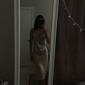 Bebe Champagne Satin Cowl Neck Midi Dress